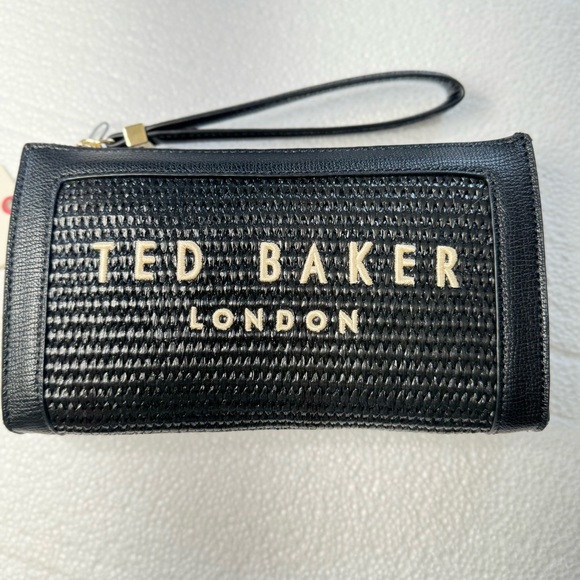 Ted Baker Black Woven LEATHER
TRIM WRISTLET Branded GOLD "'NAOMI" 5"x9" NWT - Picture 1 of 13